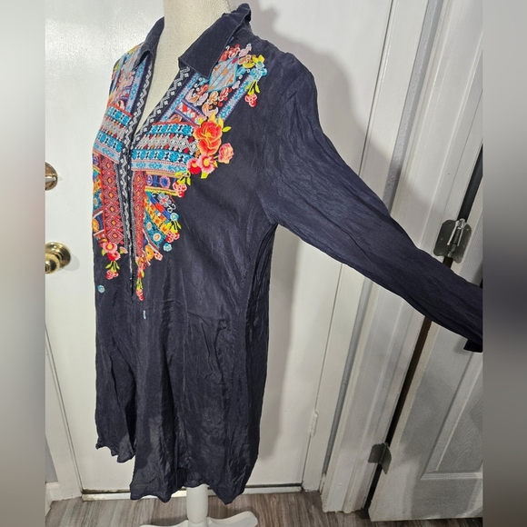Johnny Was Blue Button Down Embroidered Long Sleeve Shirt Dress Sz Small - Picture 10 of 12